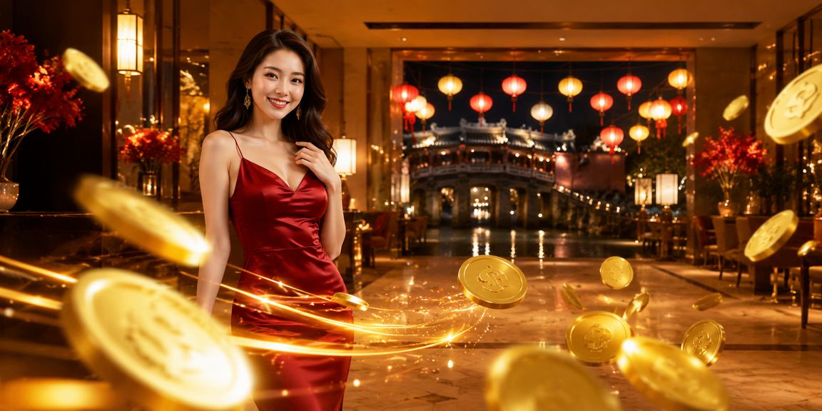 Cảnh đêm Hội An với người dùng đặt cược trực tuyến và kiểm tra lệnh thanh toán trên điện thoại